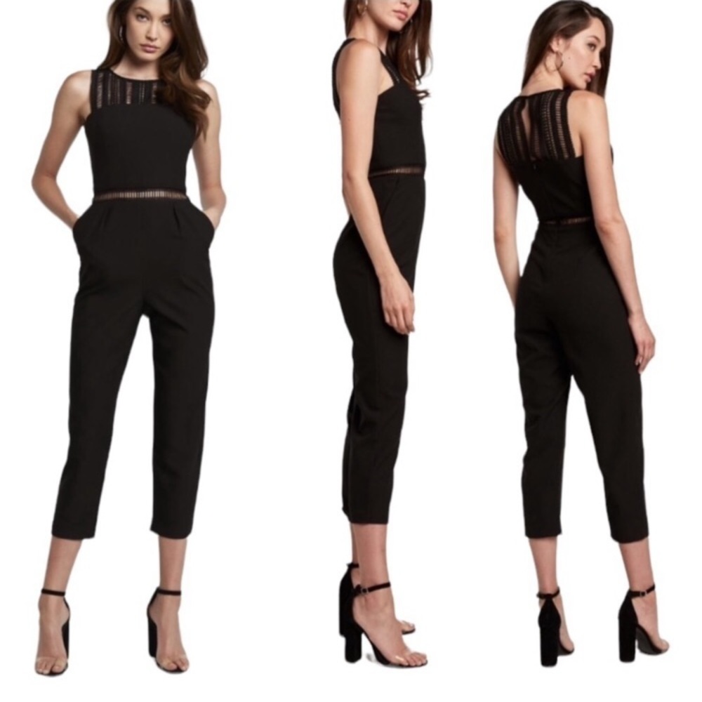Bardot Lace Trim Crop Black Jumpsuit